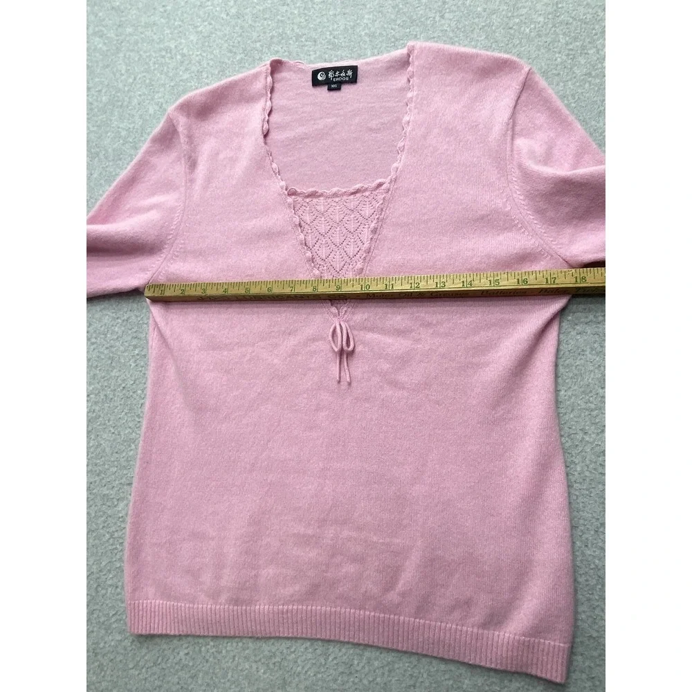 ERDOS Sweater Womens 105 Pink Cashmere Blend V Neck Bow Knit Pullover Top